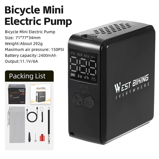 WEST BIKING Bike Pump Portable Mini Electric Air Pump 150PSI Tire Inflator Car Bike Motorcycle Bicycle Pump With LCD Display