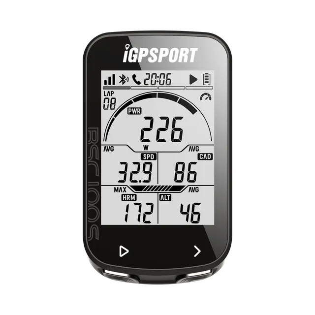 A GPS Bike Computer IGPSPORT BSC100S Cycle Wireless Speedometer displaying cycling metrics such as power, speed, heart rate, and altitude on its screen.