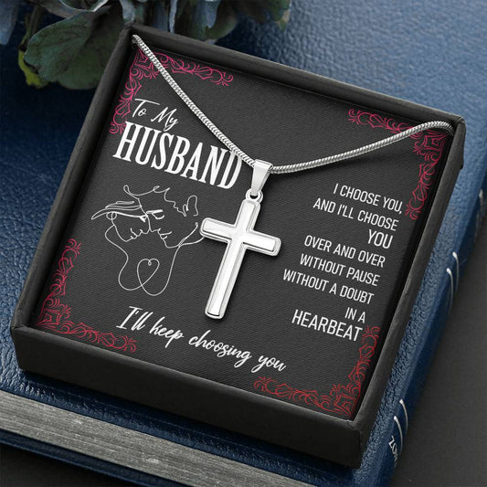 A box with a To My Husband, I'll Keep Choosing You necklace and a cross in it. BUY IT NOW for a guaranteed safe checkout from slingly.