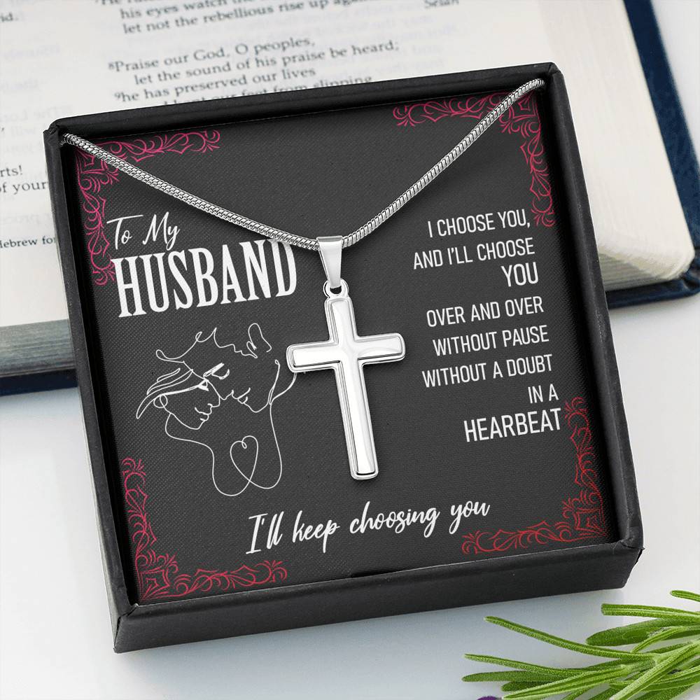 A box with a "To My Husband, I'll Keep Choosing You" necklace from the brand slingly.