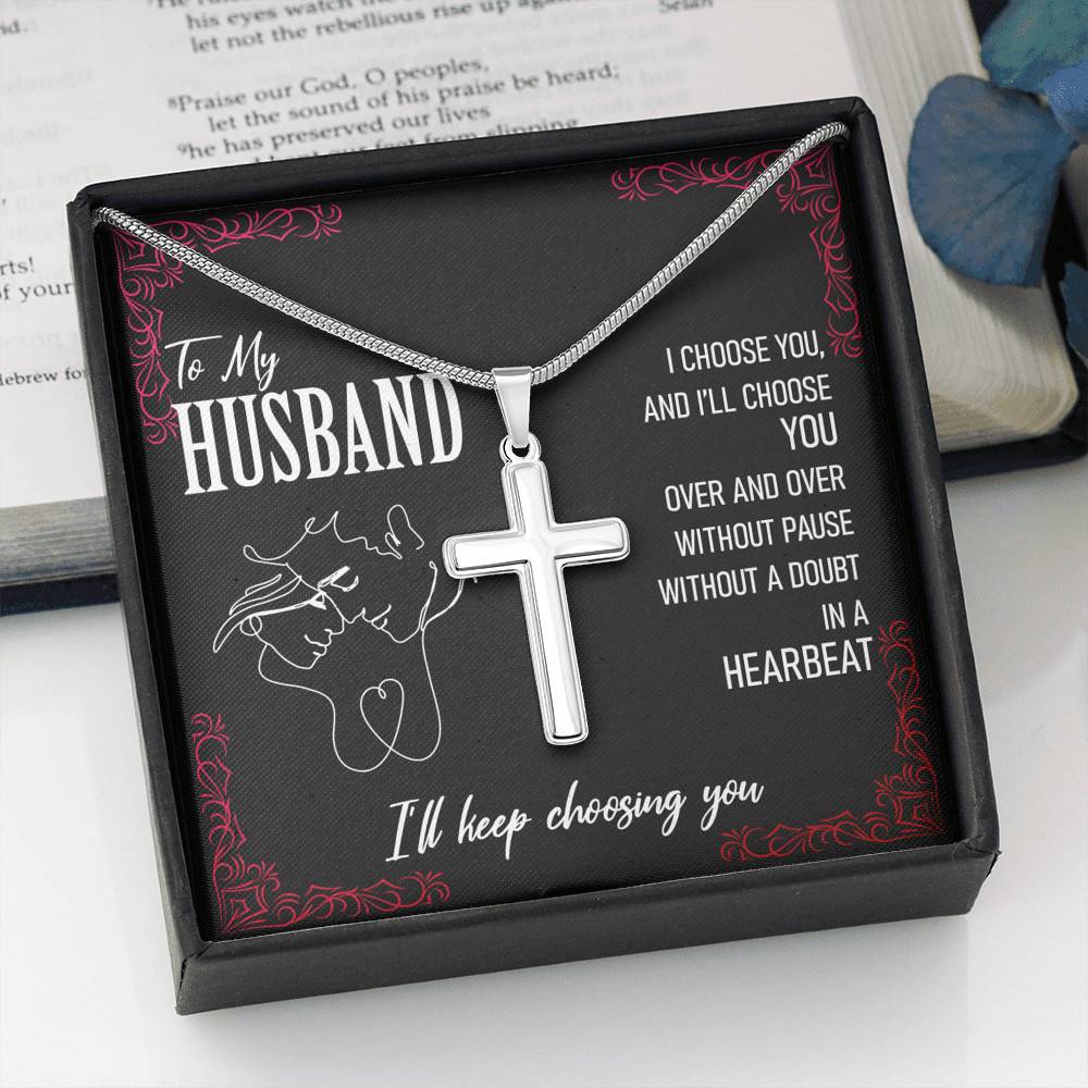 A box with the To My Husband, I'll Keep Choosing Youw necklace by slingly.