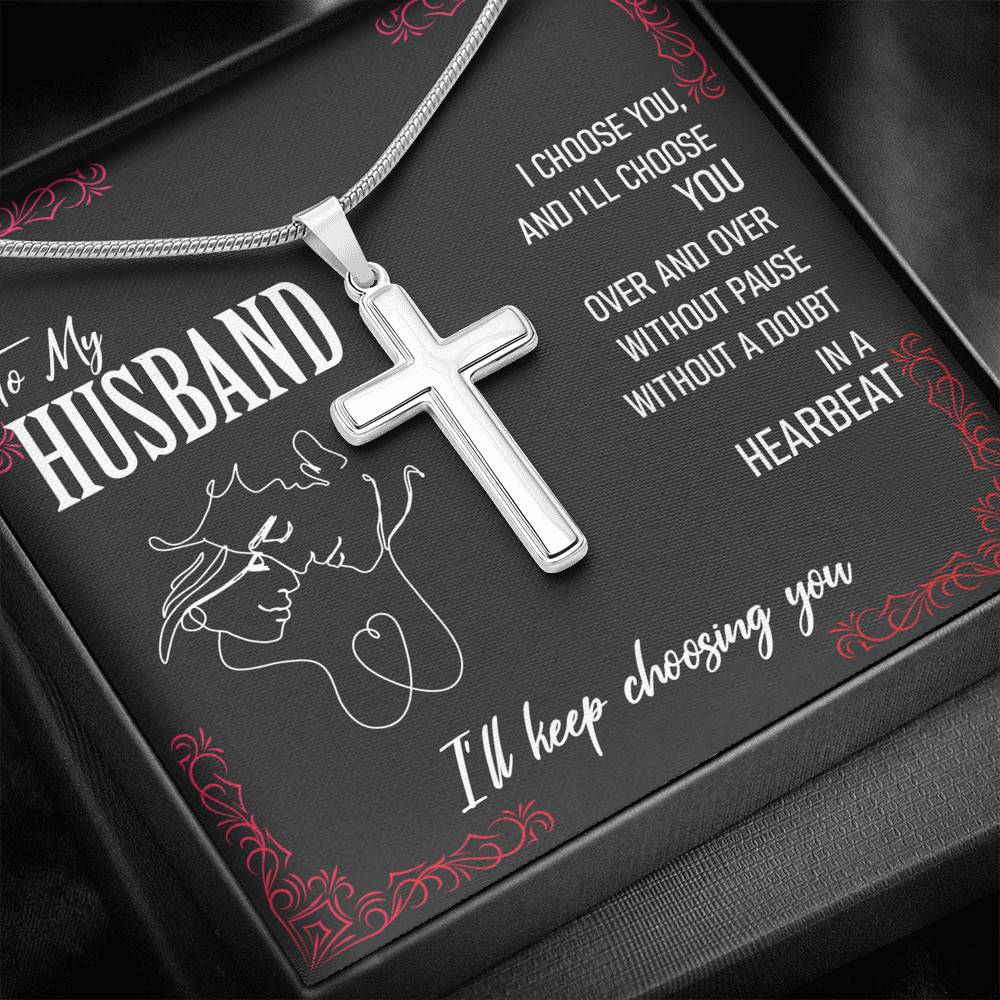 A "To My Husband, I'll Keep Choosing You" silver necklace with a cross on it by slingly.