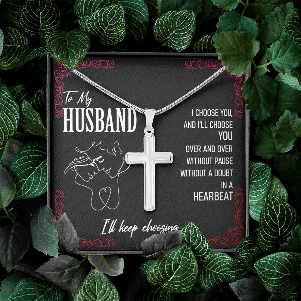 A slingly To My Husband, I'll Keep Choosing You necklace in a box surrounded by leaves is available for a Limited Time Only.