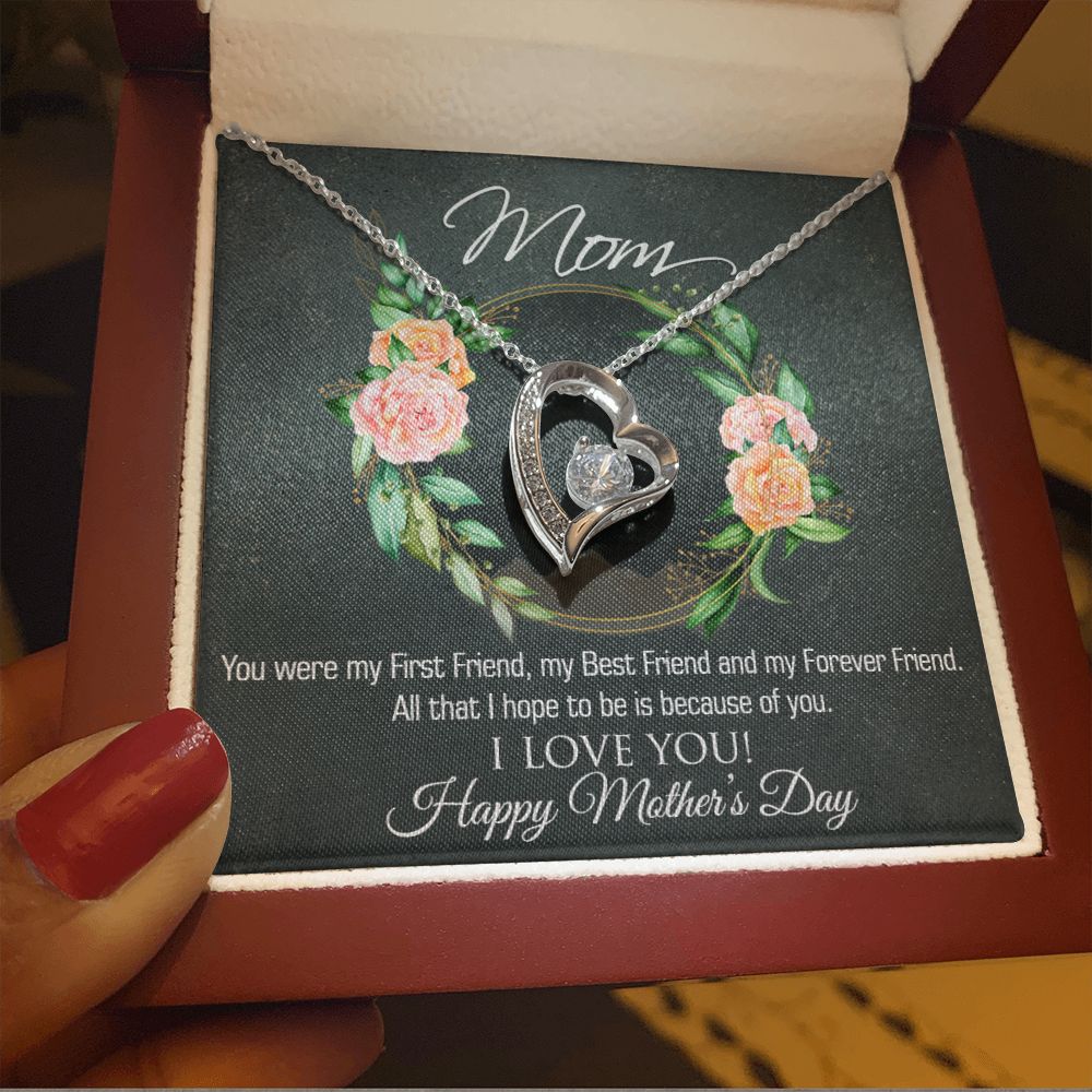 A ShineOn Fulfillment mother's day gift box with the "To Mom - You Were My First Friend - Forever Love Necklace" in it.