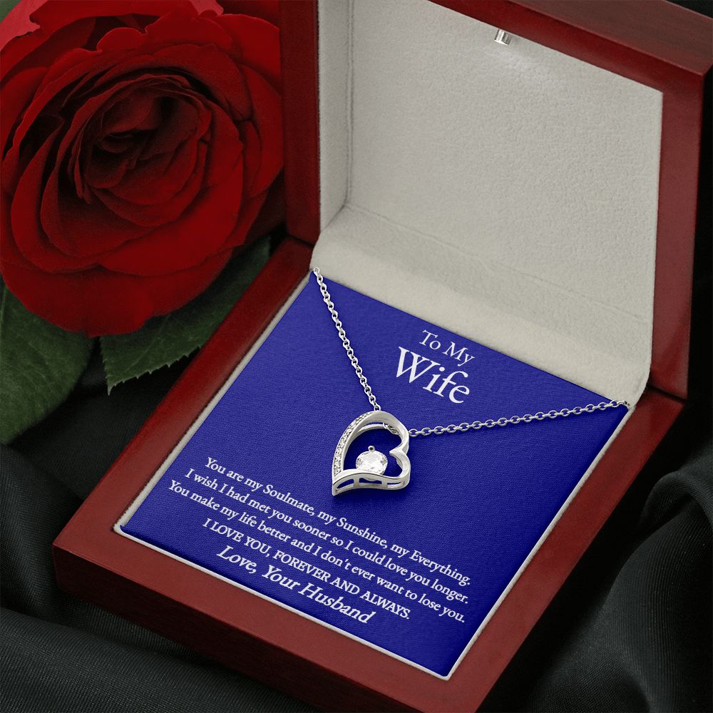 A "You Are My Soulmate Forever Love Necklace - To Wife from Husband" with a red rose in a box, manufactured by ShineOn Fulfillment.