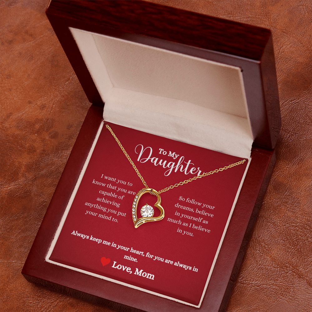 An Always Keep Me In Your Heart Forever Love Necklace - Gift for Daughter from Mom in a ShineOn Fulfillment box with a message on it.