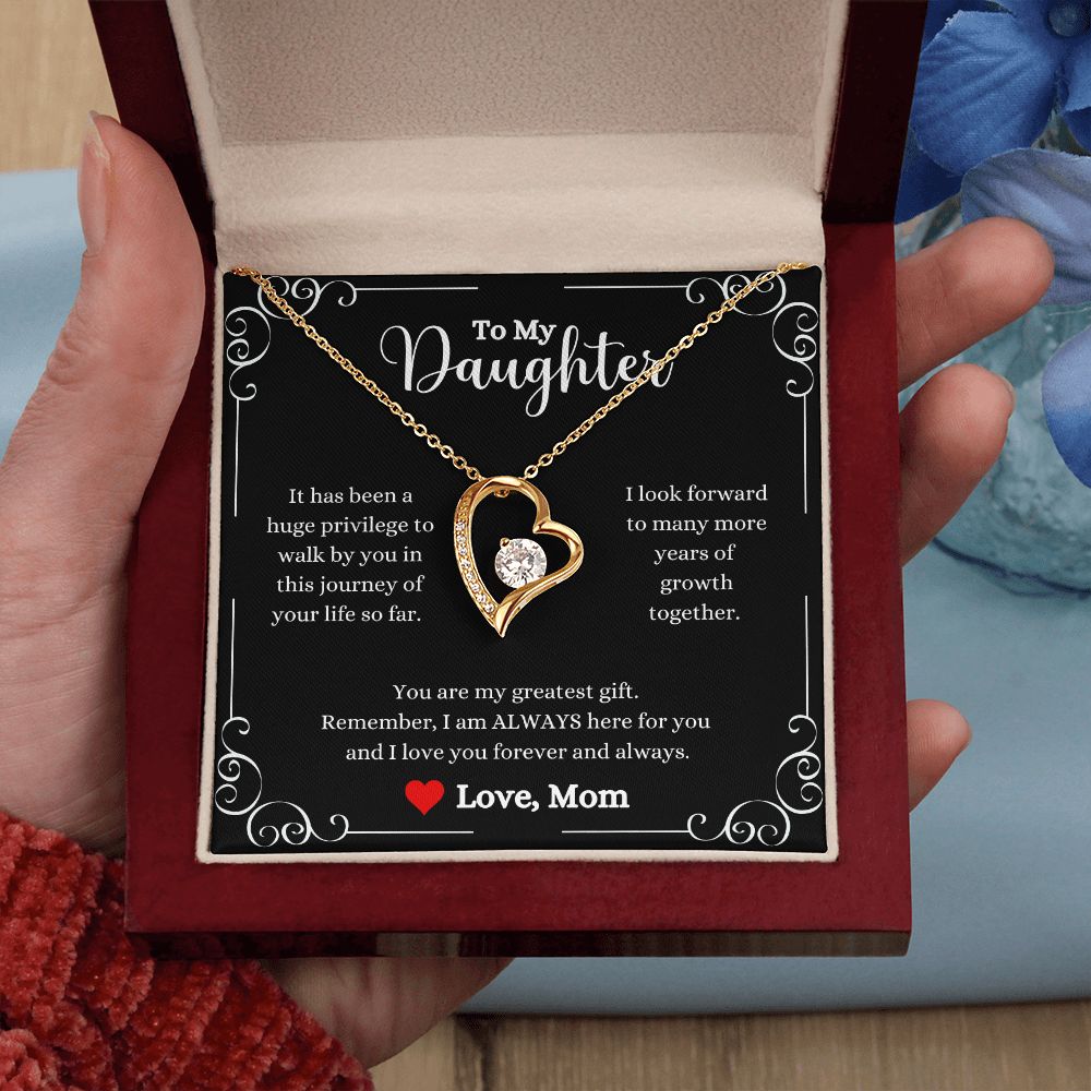 A ShineOn Fulfillment gift box with the "I Love You Forever And Always Forever Love Necklace - Gift for Daughter from Mom" in it.