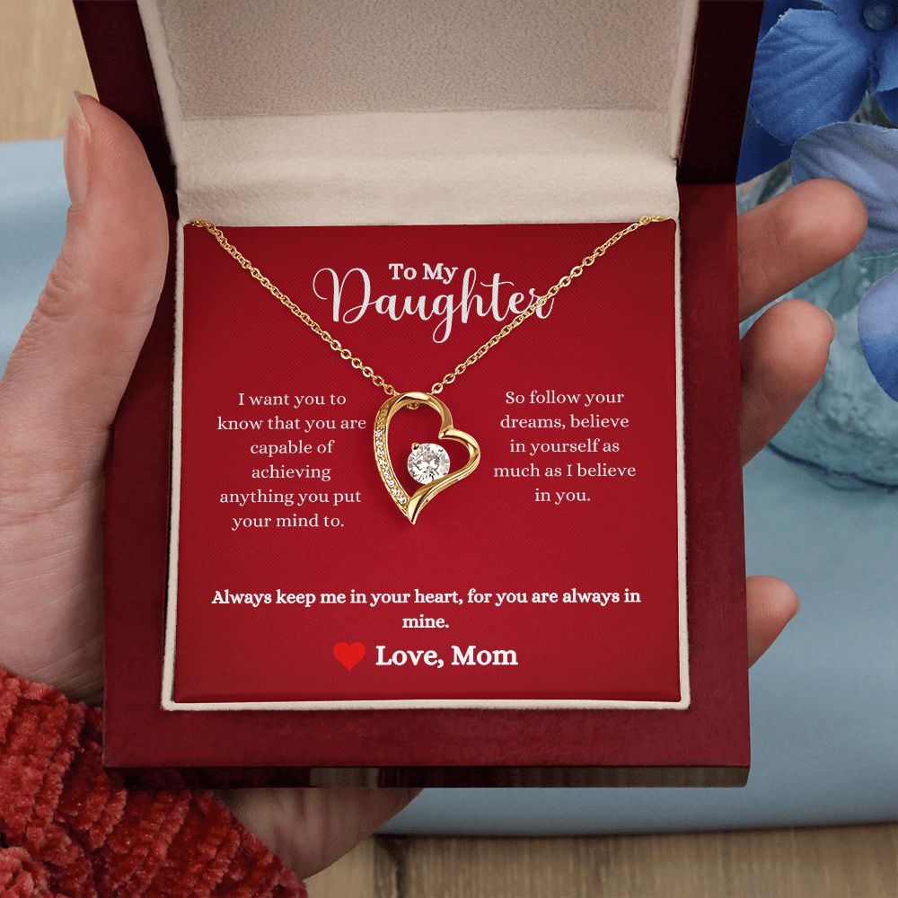 A ShineOn Fulfillment gift box with an Always Keep Me In Your Heart Forever Love Necklace - Gift for Daughter from Mom in it.