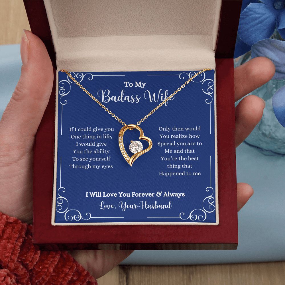 A blue box with the I Will Love You Forever & Always Forever Love Necklace - Gift for Wife from Husband by ShineOn Fulfillment in it.