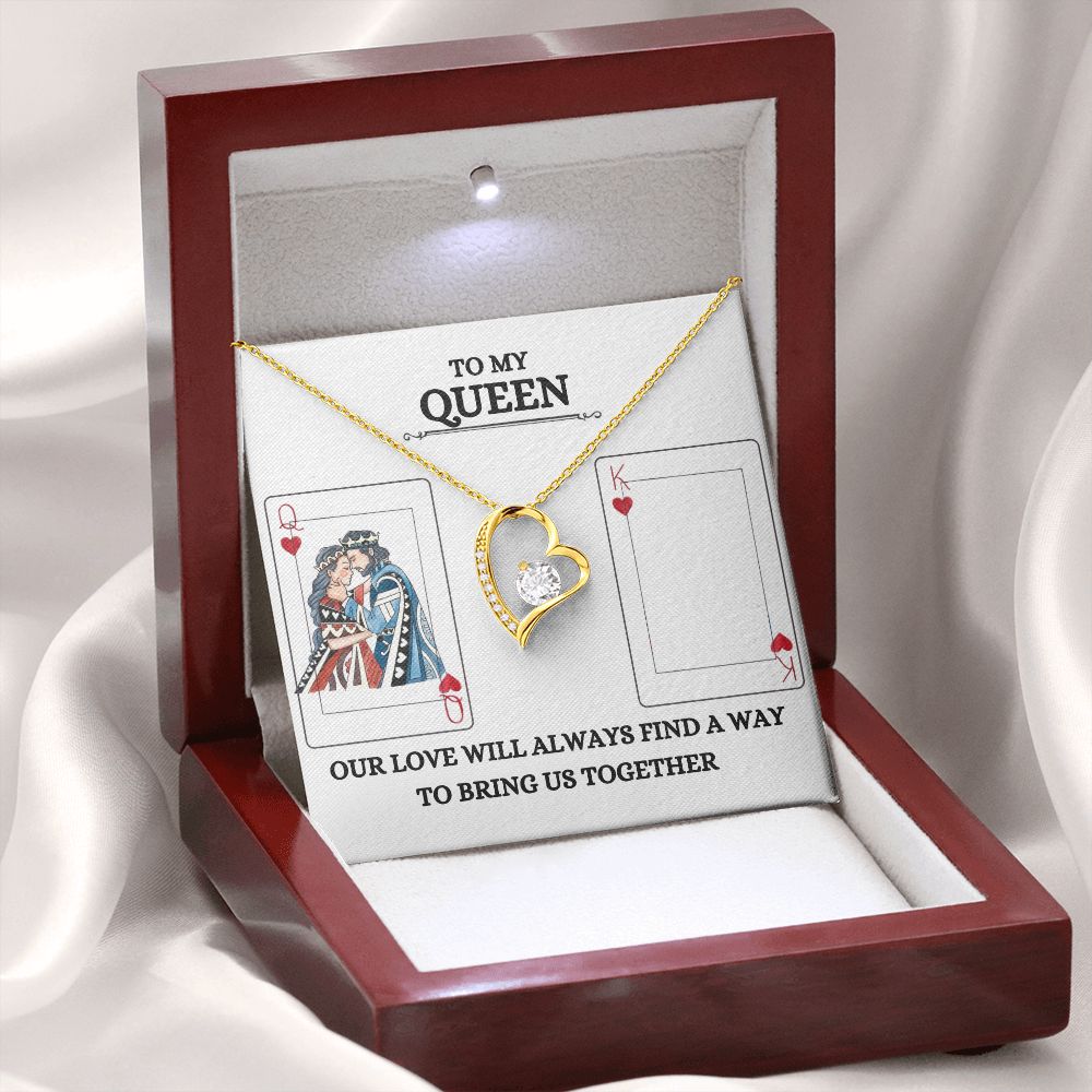 A box with a To My Queen Forever Love Necklace - For Soulmate, Girlfriend or Wife by ShineOn Fulfillment and playing cards in it.