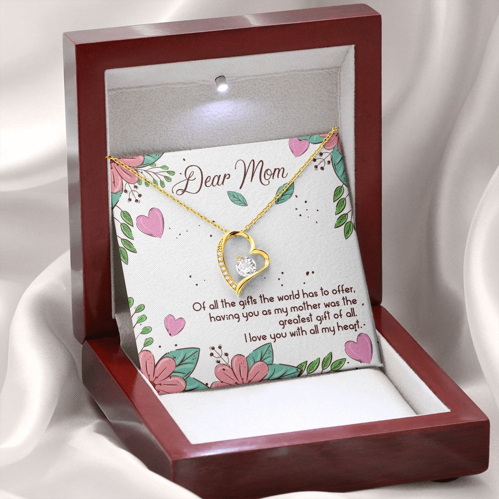 A ShineOn Fulfillment gift box with the To Mom - The Greatest Gift of All - Forever Love Necklace and a card in it.