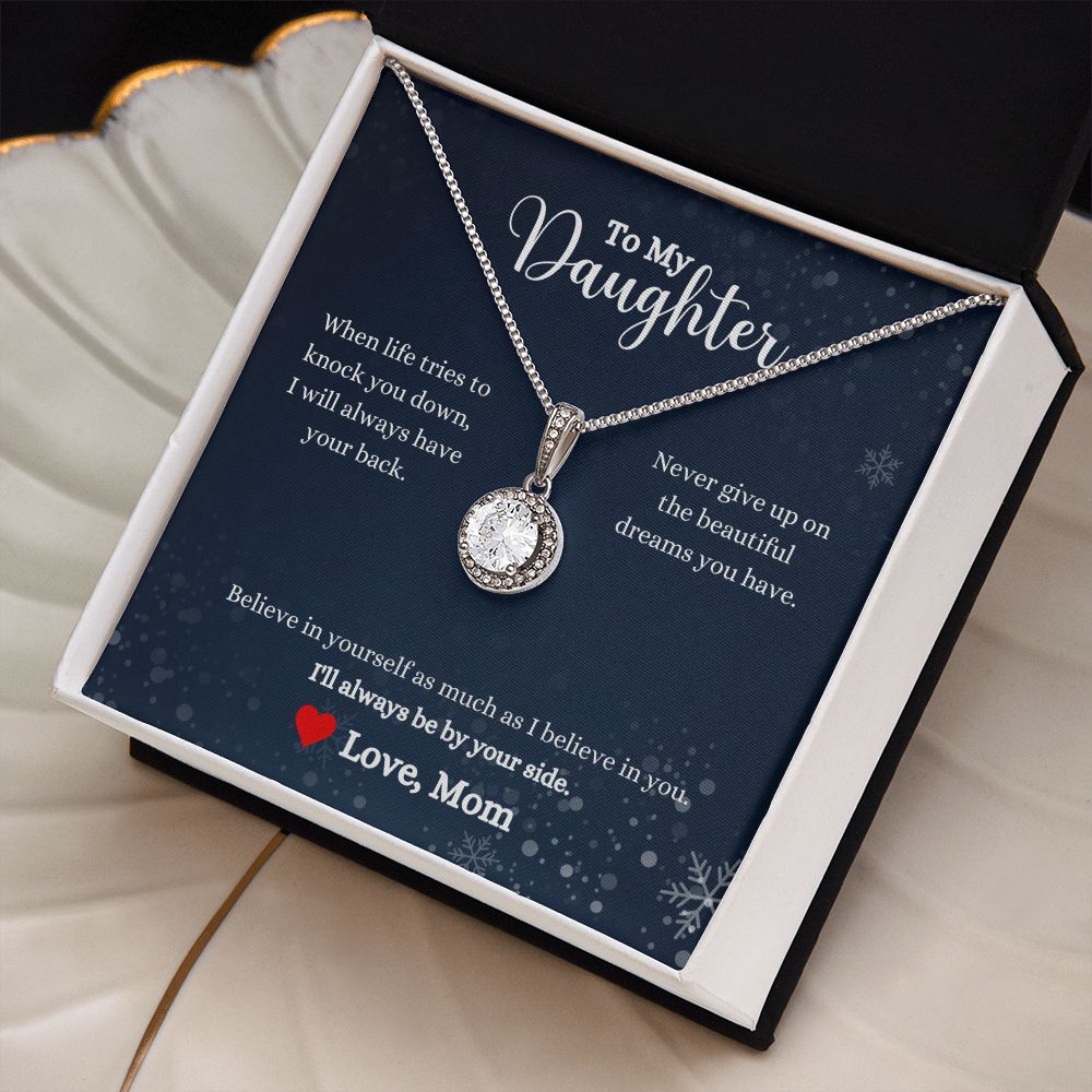 A ShineOn Fulfillment gift box with the "I'll Always Be By Your Side Eternal Hope Necklace- Gift for Daughter from Mom" necklace that reads, "i love you daughter".