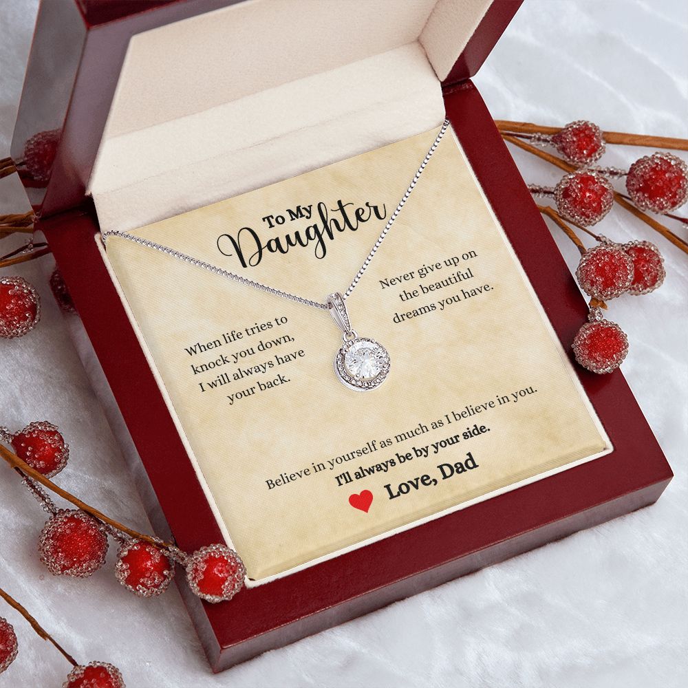 A ShineOn Fulfillment gift box with an I'll Always Be By Your Side Eternal Hope Necklace and a card for a daughter.