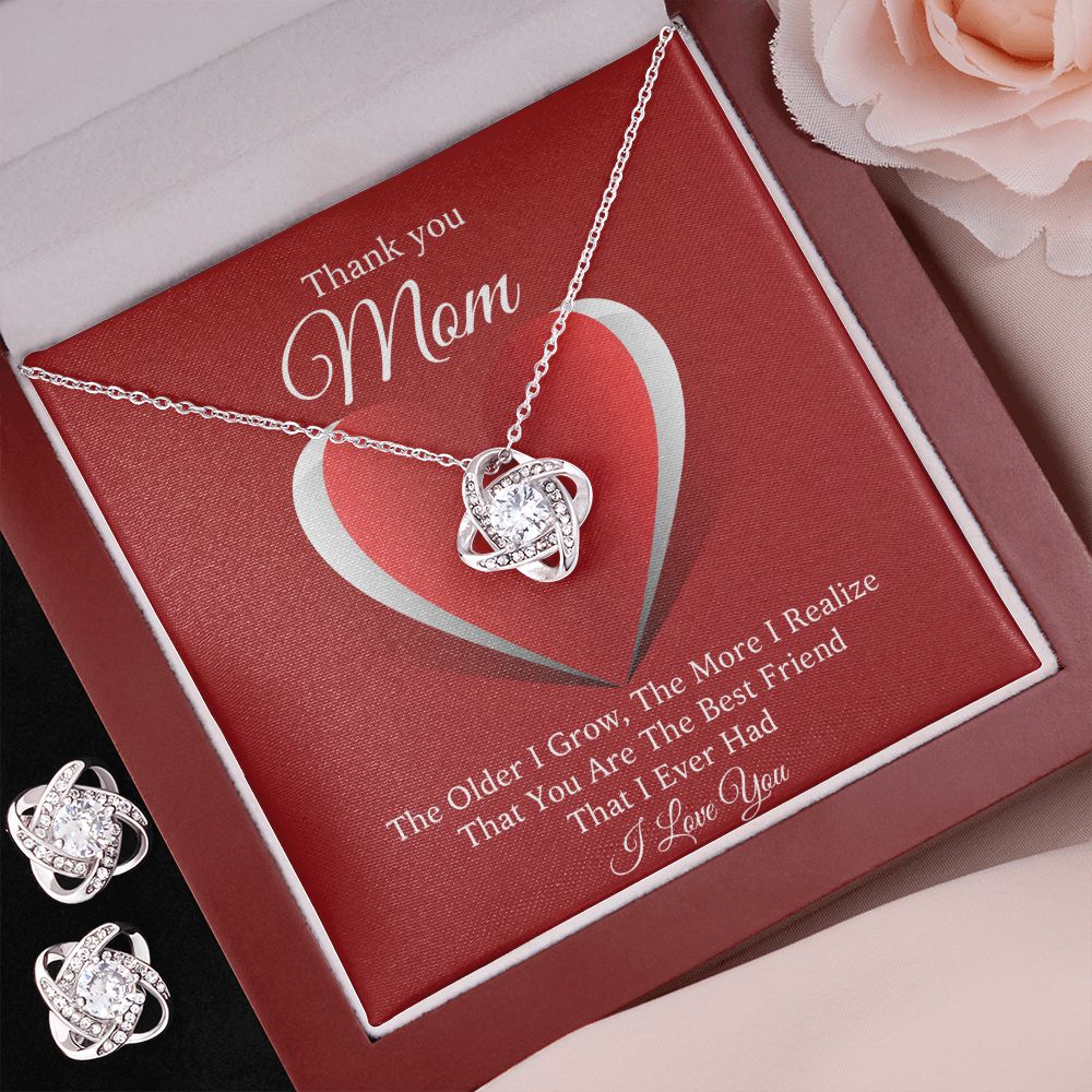 A Thank you Mom, You Are The Best Friend That I Ever Had | Love Knot Necklace and Earring Set For Mom gift box by ShineOn Fulfillment.