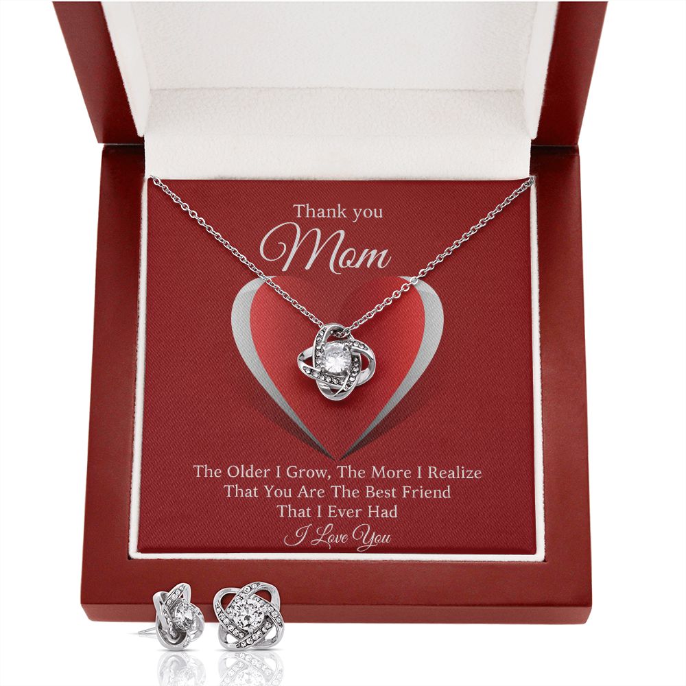 A gift box with the Thank you Mom, You Are The Best Friend That I Ever Had | Love Knot Necklace and Earring Set For Mom by ShineOn Fulfillment for mom.
