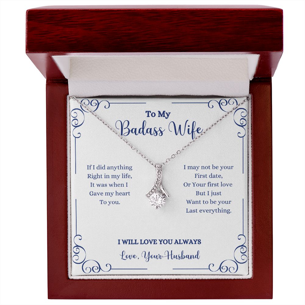 A gift box with the I Will Always Be With You Alluring Beauty Necklace- Gift for Wife from Husband, made by ShineOn Fulfillment, that says to my bossy wife.