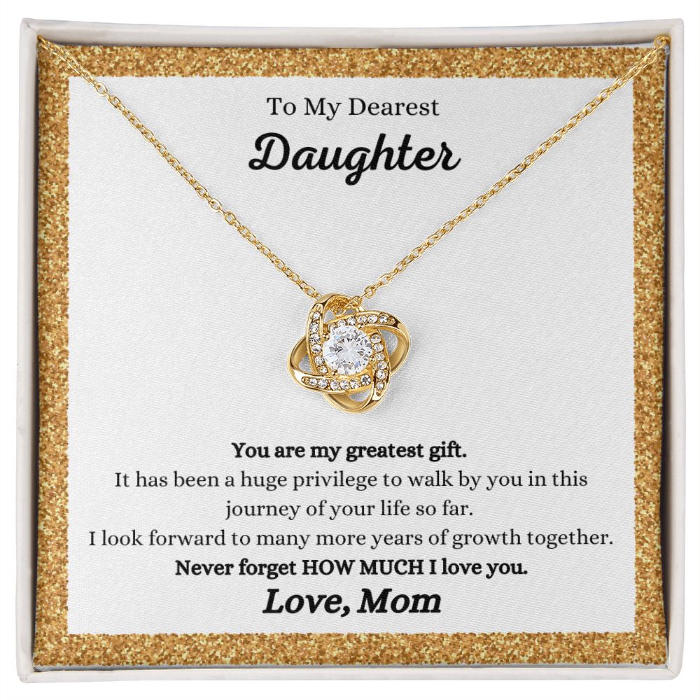 A ShineOn Fulfillment gift box with a "You Are My Greatest Gift" Love Knot Necklace - Gift for Daughter from Mom.