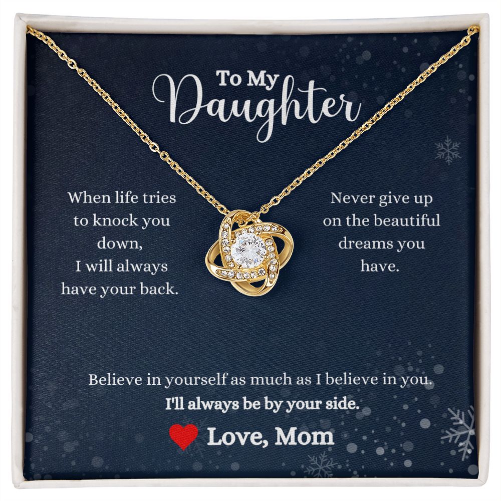 A ShineOn Fulfillment gift box with the I Will Always By Your Side Love Knot Necklace - Gift for Daughter from Mom.