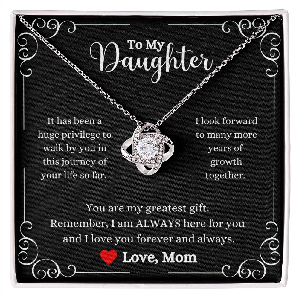 A ShineOn Fulfillment necklace with a message - "I Love You Forever And Always Love Knot Necklace - Gift for Daughter from Mom" to my daughter.
