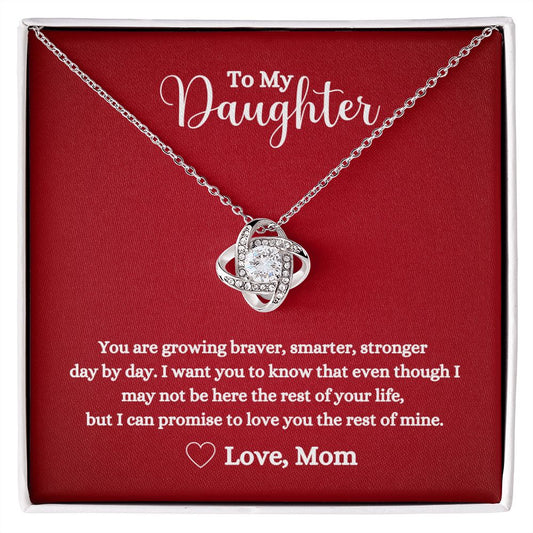 A red box with a "I can promise to love you for the rest of mine Love Knot Necklace - for Daughter from Mom" from ShineOn Fulfillment that says to my daughter.