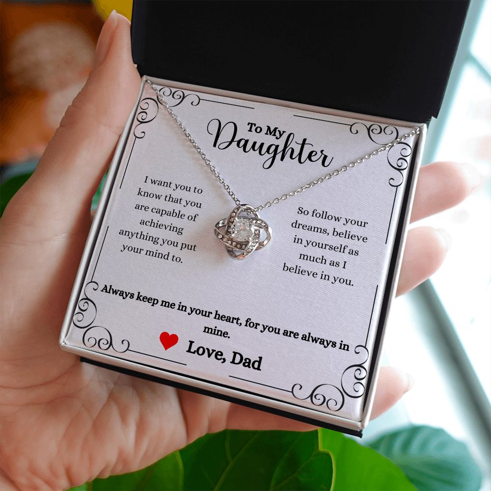 A gift box with an Always Keep Me In Your Heart Love Knot Necklace- Gift for Daughter from Dad made by ShineOn Fulfillment.