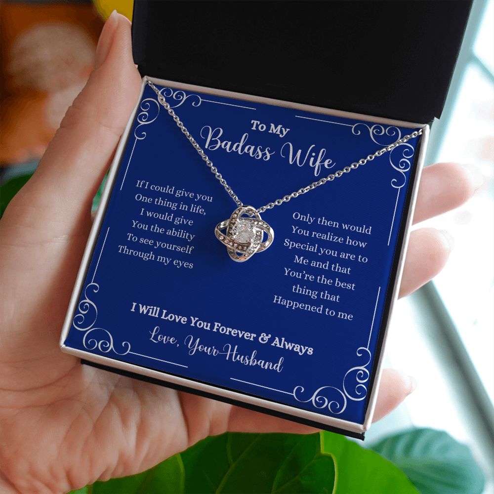 A ShineOn Fulfillment gift box with the I Will Love You Forever & Always Love knot Necklace - Gift for Wife from Husband that says to my bossy wife.
