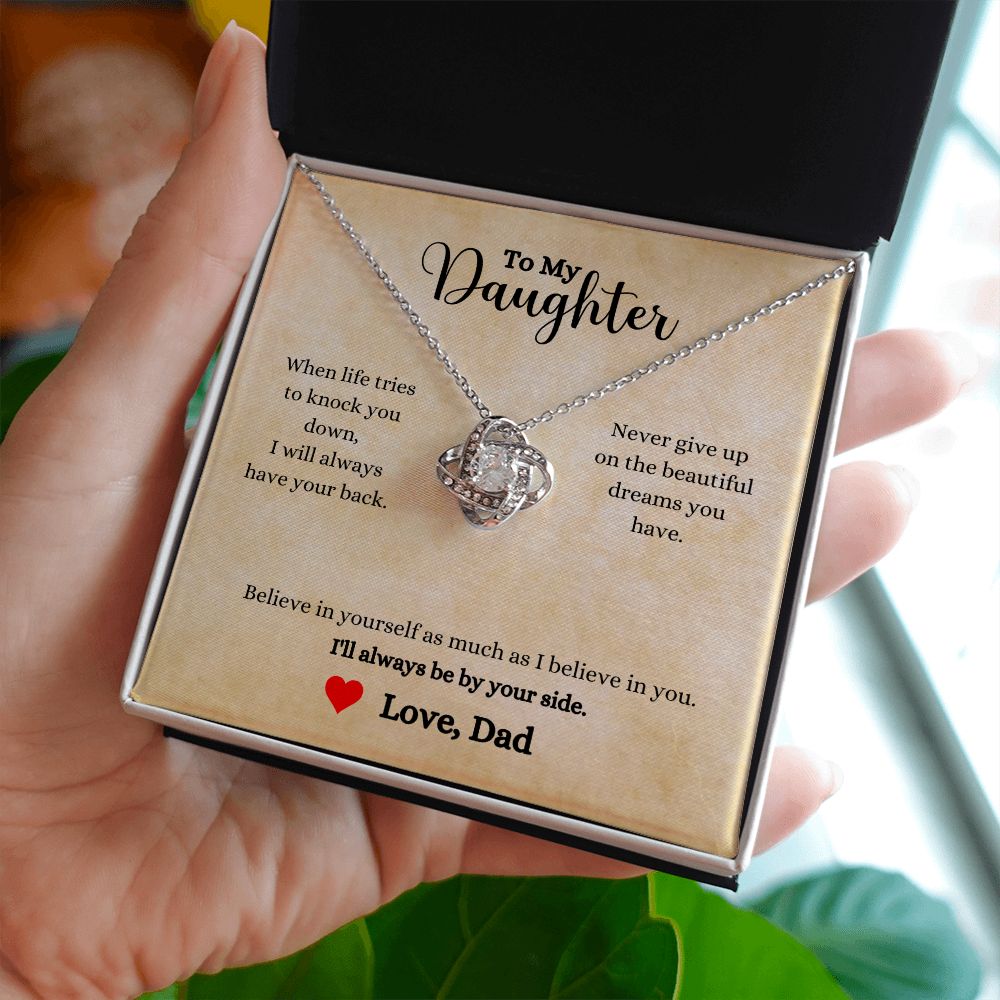 A ShineOn Fulfillment gift box with the I'll Always Be By Your Side Love Knot Necklace - Gift for Daughter from Dad.