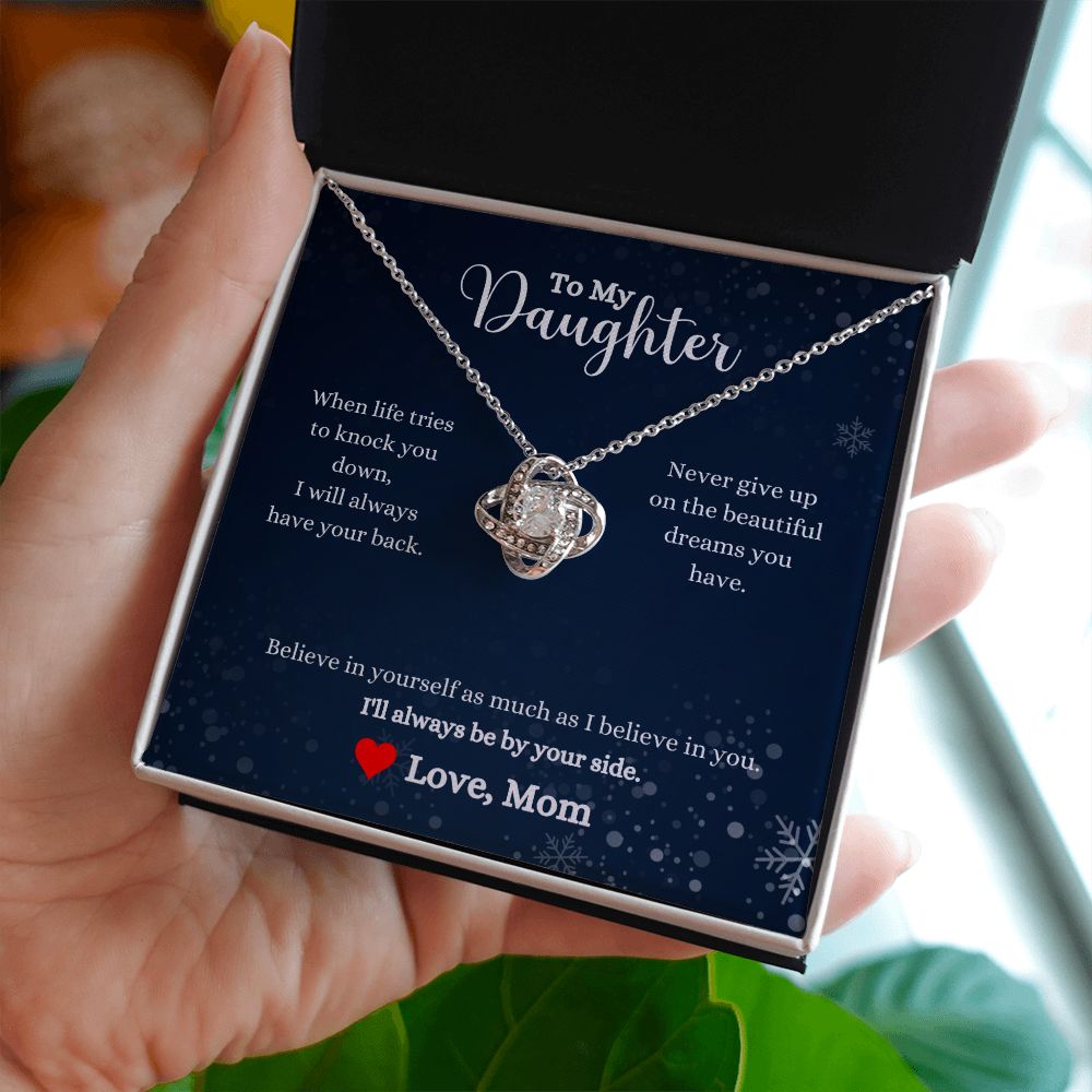 A ShineOn Fulfillment gift box with the I Will Always By Your Side Love Knot Necklace - Gift for Daughter from Mom.