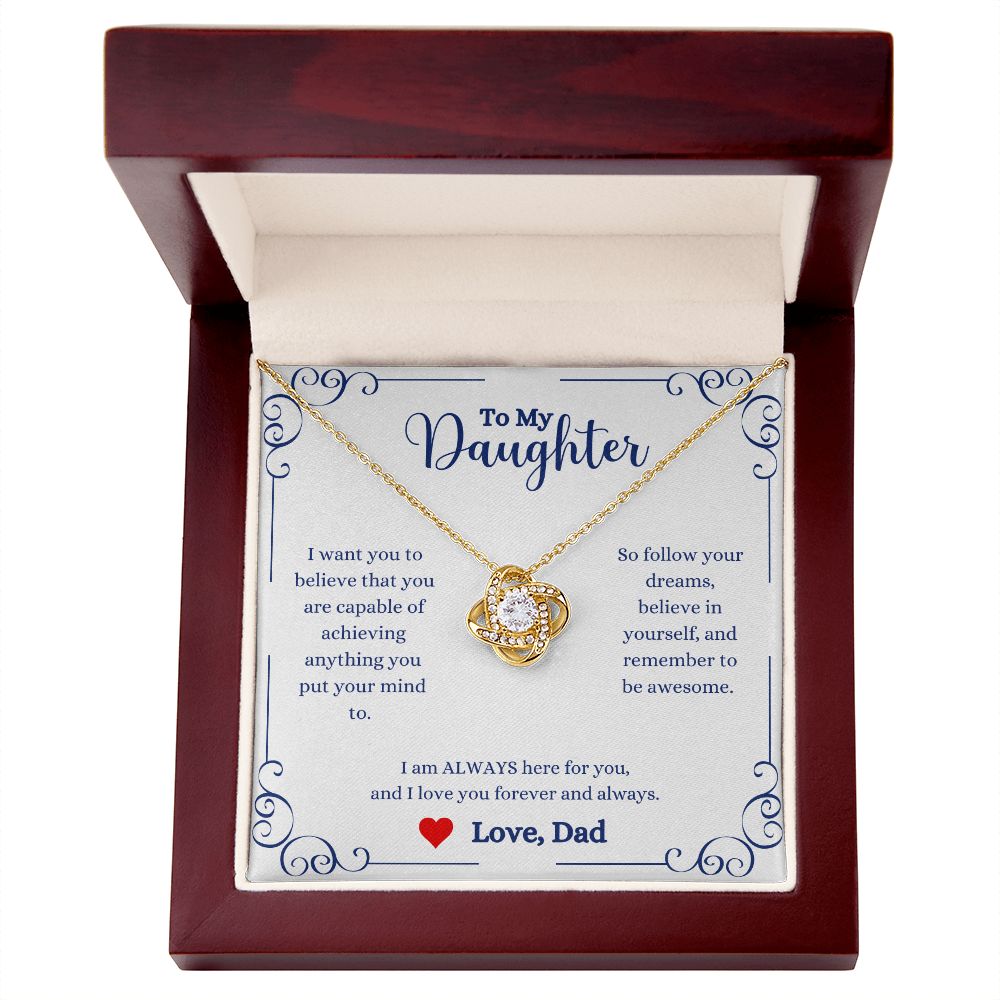 A ShineOn Fulfillment gift box with the I Love You Forever And Always Love Knot Necklace - Gift for Daughter from Dad and a message.