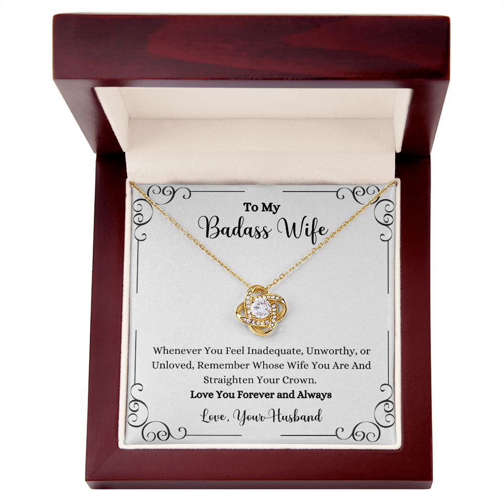 I'm a Remember Whose Wife You Are Love Knot Necklace - Gift for Wife from Husband in a wooden box, brought to you by ShineOn Fulfillment.
