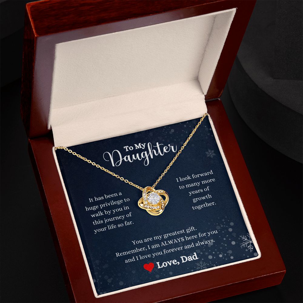 A ShineOn Fulfillment gift box with an "I Love You Forever And Always Love Knot Necklace - Gift for Daughter from Dad" necklace and a card in it.