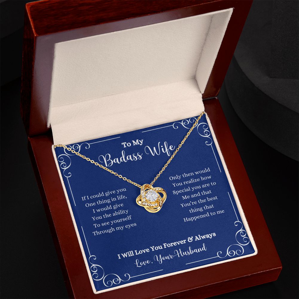 A ShineOn Fulfillment gift box with an "I Will Love You Forever & Always" love knot necklace in it.