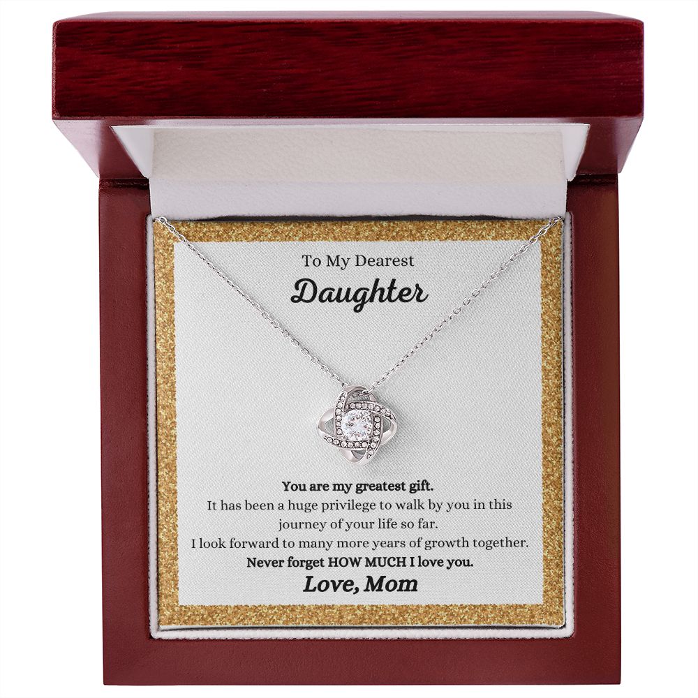 A ShineOn Fulfillment gift box with the You Are My Greatest Gift Love Knot Necklace - Gift for Daughter from Mom that says i love you to my daughters.