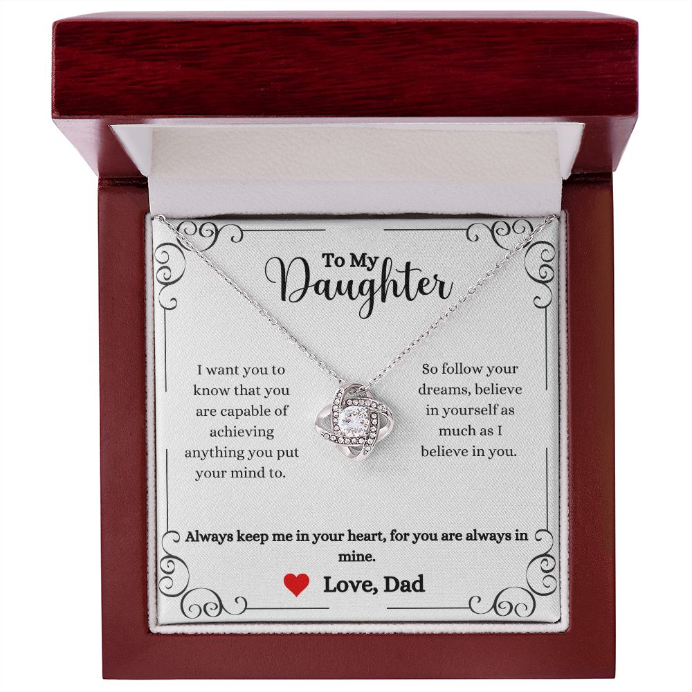 A gift box with an Always Keep Me In Your Heart Love Knot Necklace- Gift for Daughter from Dad by ShineOn Fulfillment, that reads, "i love you daughter.