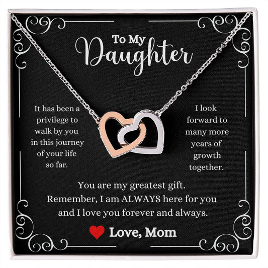 A "I Love You Forever And Always Interlocking Hearts Necklace - Gift for Daughter from Mom" necklace by ShineOn Fulfillment with a message to my daughter.