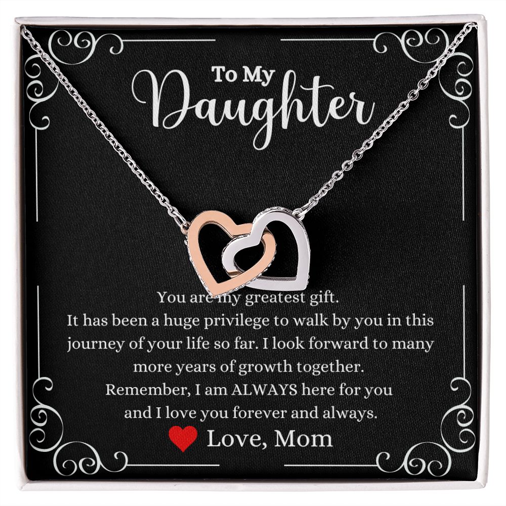 A ShineOn Fulfillment gift box with a You Are My Greatest Gift Interlocking Hearts Necklace - Gift for Daughter from Mom.
