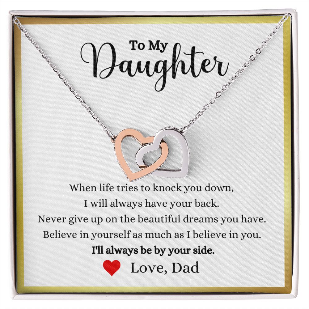 A ShineOn Fulfillment gift box with the "I'll Always Be By Your Side Interlocking Hearts Necklace - Gift for Daughter from Dad".