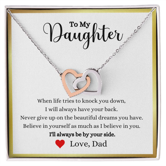 A ShineOn Fulfillment gift box with the "I'll Always Be By Your Side Interlocking Hearts Necklace - Gift for Daughter from Dad".