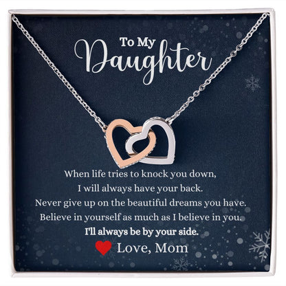 A ShineOn Fulfillment gift box with an I Will Always By Your Side Interlocking Hearts necklace - Gift for Daughter from Mom.