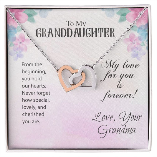 A ShineOn Fulfillment gift box with a My Love For You Is Forever Interlocking Hearts Necklace - Gift for Granddaughter from Grandma says to my granddaughter my love for you is forever.