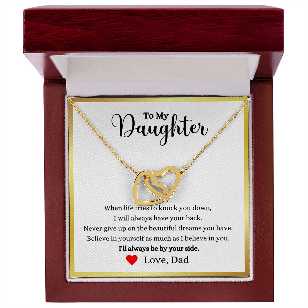 A gift box with the I'll Always Be By Your Side Interlocking Hearts Necklace - Gift for Daughter from Dad by ShineOn Fulfillment that reads, 'to my daughter'.