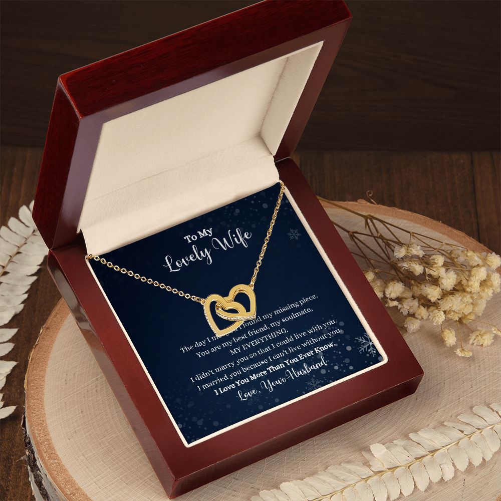 A ShineOn Fulfillment gift box with an "I Love You More Than You Ever Know Interlocking Hearts Necklace - Gift for Wife from Husband" and a poem.