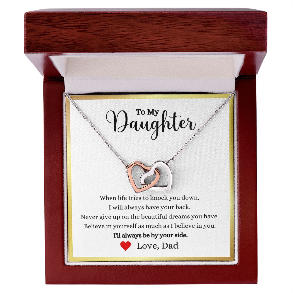 A ShineOn Fulfillment gift box with the "I'll Always Be By Your Side Interlocking Hearts Necklace - Gift for Daughter from Dad" and a poem on it.