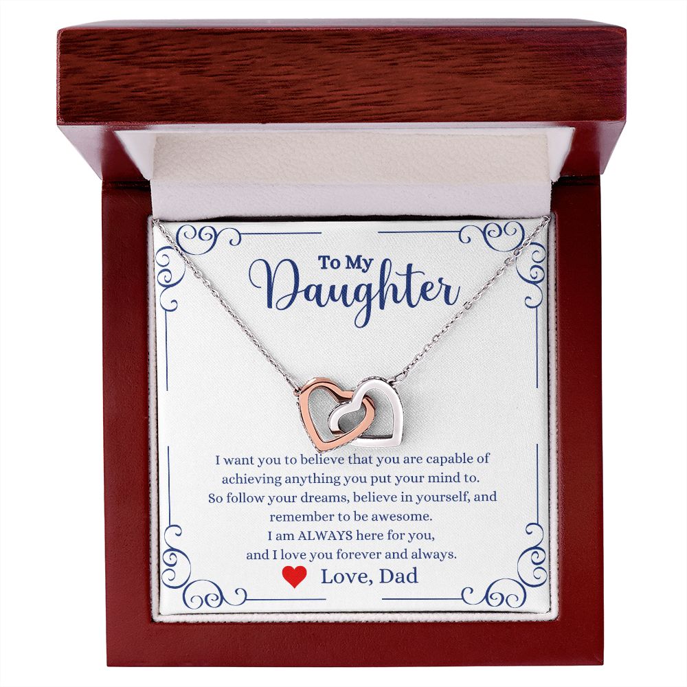 An "I Love You Forever And Always Interlocking Hearts Necklace - Gift for Daughter from Dad" with the brand name ShineOn Fulfillment in a wooden box.