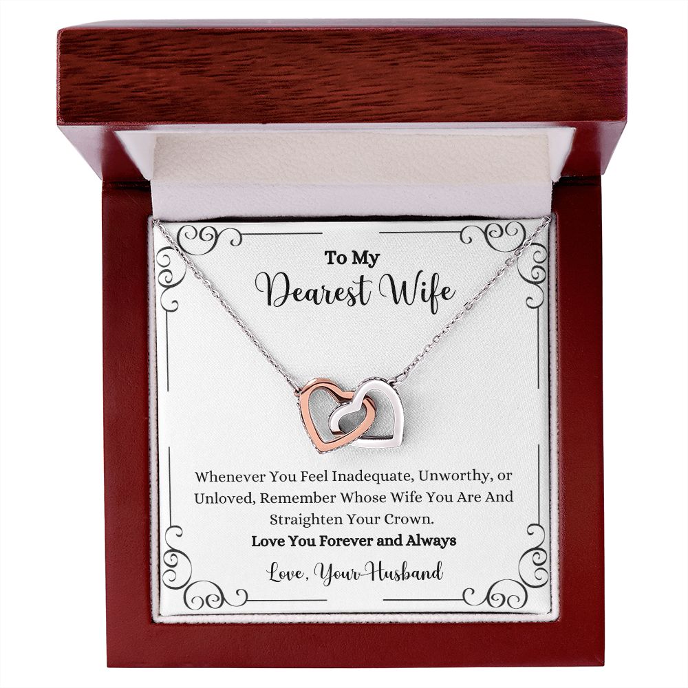 A gift box with a Remember Whose Wife You Are Interlocking Hearts Necklace - Gift for Wife from Husband by ShineOn Fulfillment and a message to my dearest wife.