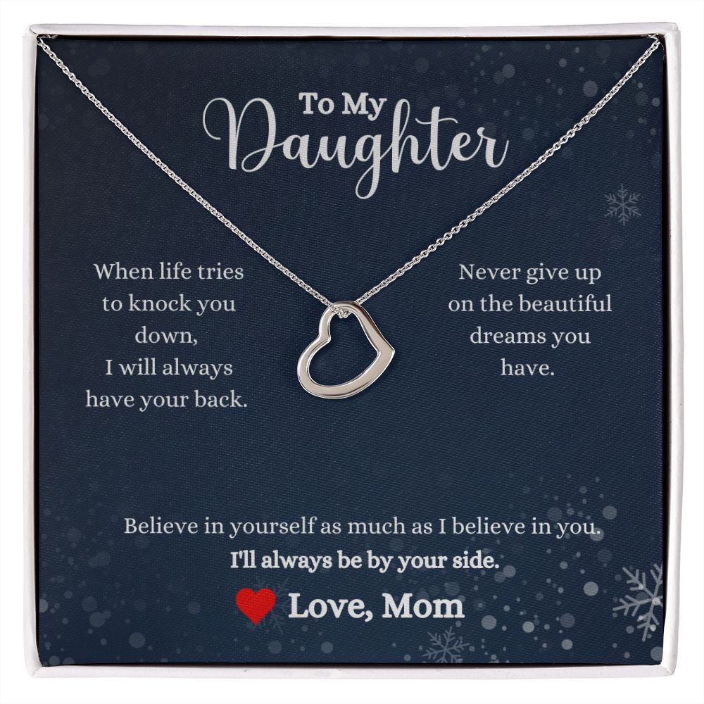 A gift box with the "I'll Always Be By Your Side Delicate Heart Necklace - Gift for Daughter from Mom" by ShineOn Fulfillment that says to my daughter.