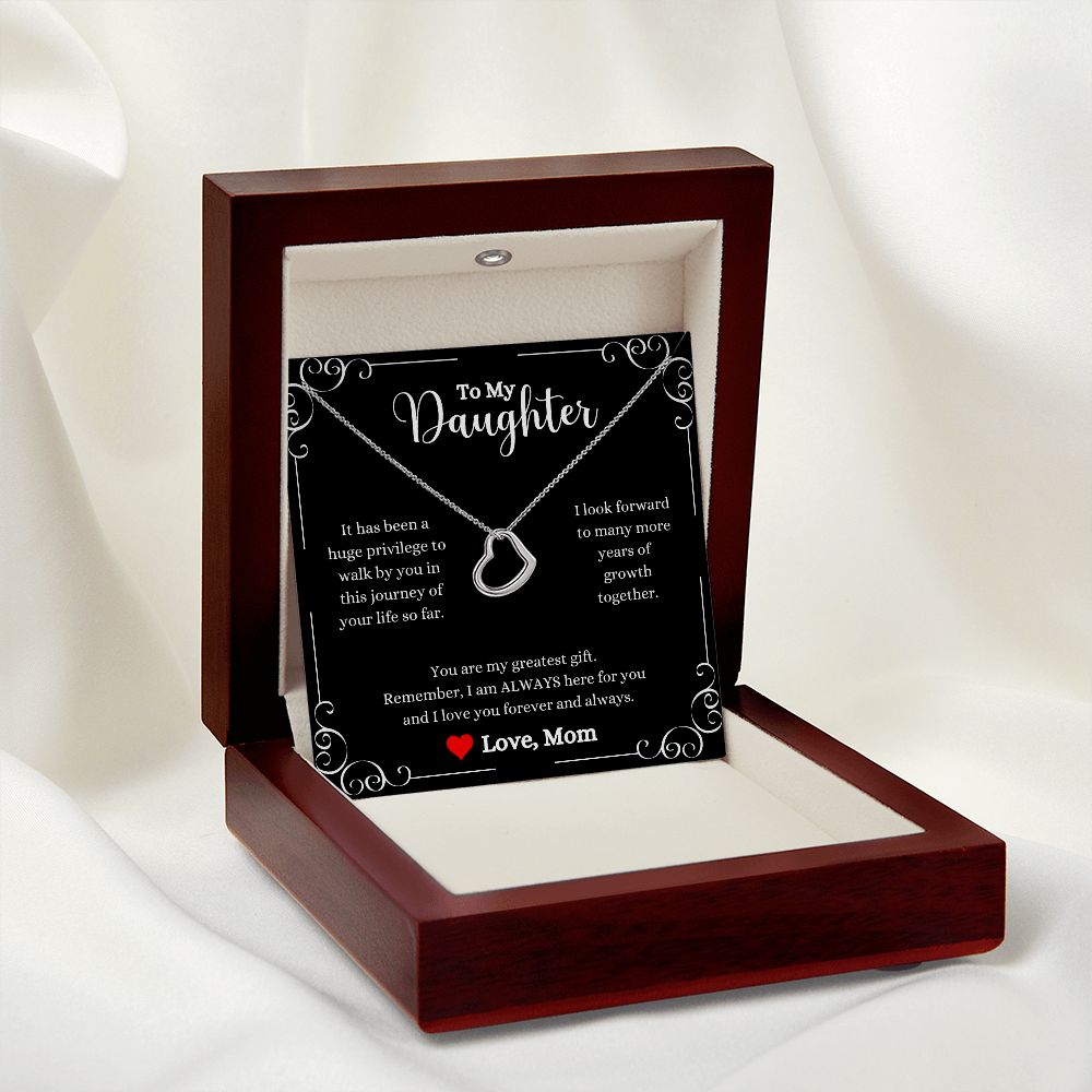 A ShineOn Fulfillment gift box with the I Love You Forever And Always Delicate Heart Necklace and a message on it.