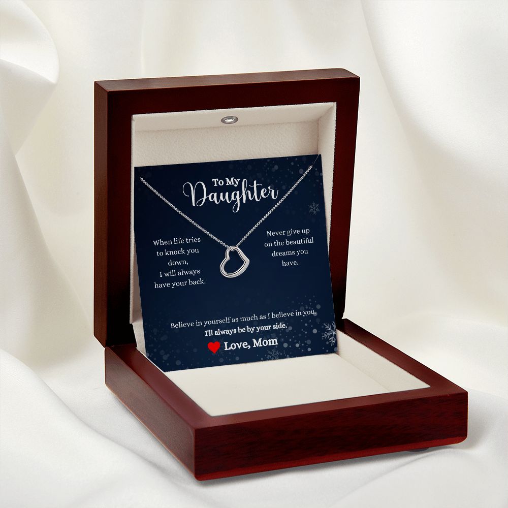 A ShineOn Fulfillment gift box with the "I'll Always Be By Your Side Delicate Heart Necklace - Gift for Daughter from Mom" in it.