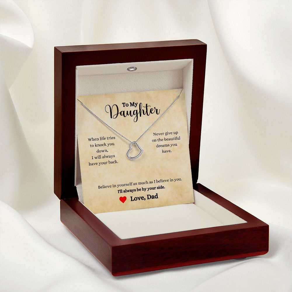 A ShineOn Fulfillment gift box with an "I'll Always Be By Your Side Delicate Heart Necklace - Gift for Daughter from Dad" gift card and necklace for a daughter.