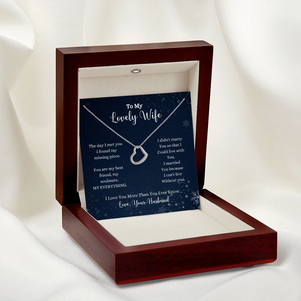 A I Love You More Than You Ever Know Delicate Heart Necklace - Gift for Wife from Husband in a wooden box with a poem on it, made by ShineOn Fulfillment.